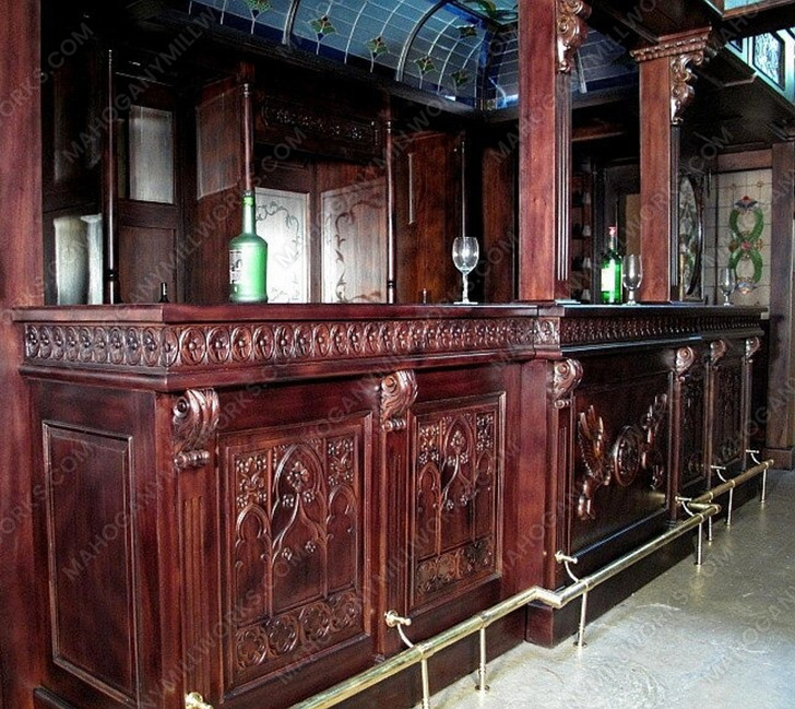25ft Solid Mahogany Carved Canopy Home Pub Bar w/ Rails & Stained Glass