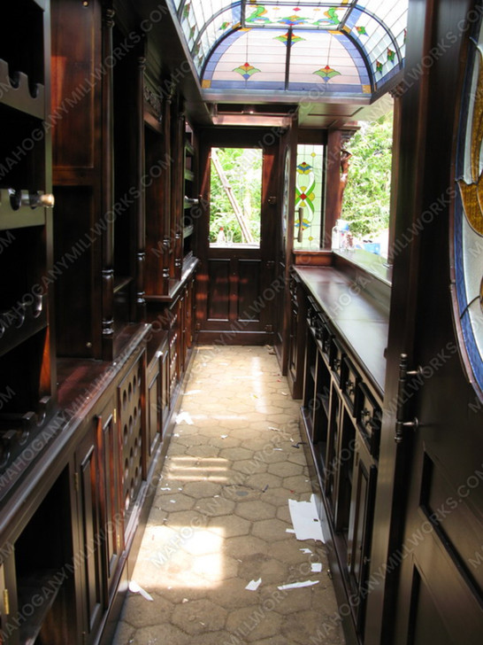 25ft Solid Mahogany Carved Canopy Home Pub Bar w/ Rails & Stained Glass