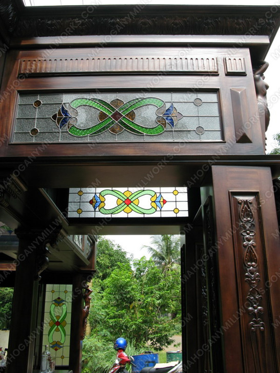 25ft Solid Mahogany Carved Canopy Home Pub Bar w/ Rails & Stained Glass
