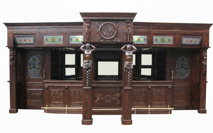 25ft Solid Mahogany Carved Canopy Home Pub Bar w/ Rails & Stained Glass