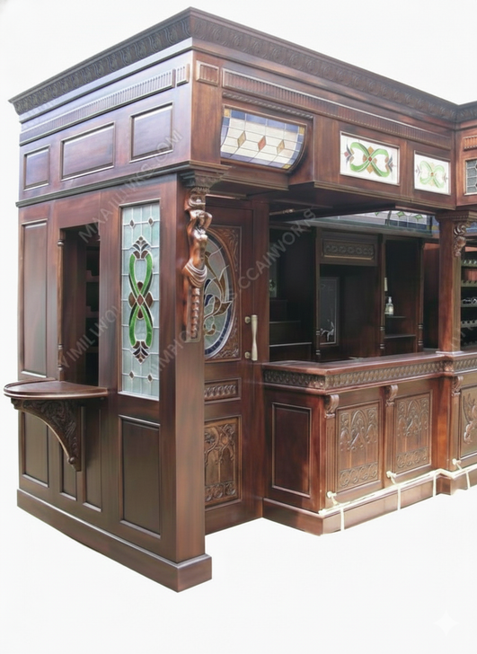 25ft Solid Mahogany Carved Canopy Home Pub Bar w/ Rails & Stained Glass