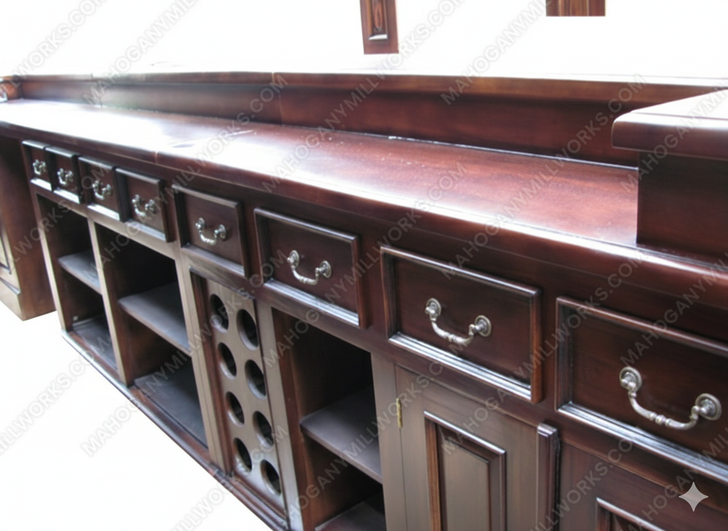 25ft Solid Mahogany Carved Canopy Home Pub Bar w/ Rails & Stained Glass