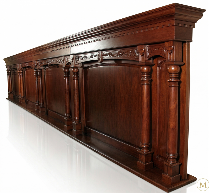 33ft Mahogany Hand-Carved Wall Paneling Unit w/ Fluted Columns