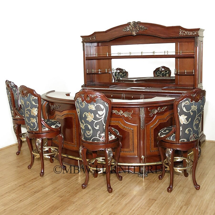 5 Piece Italian inlay Marquetry Marble Top Pub Bar Set w/ 4 Barstools