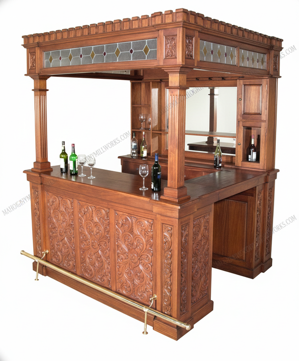 7ft Mahogany Carved Canopy Home Pub Bar w/ Rails & Mirror