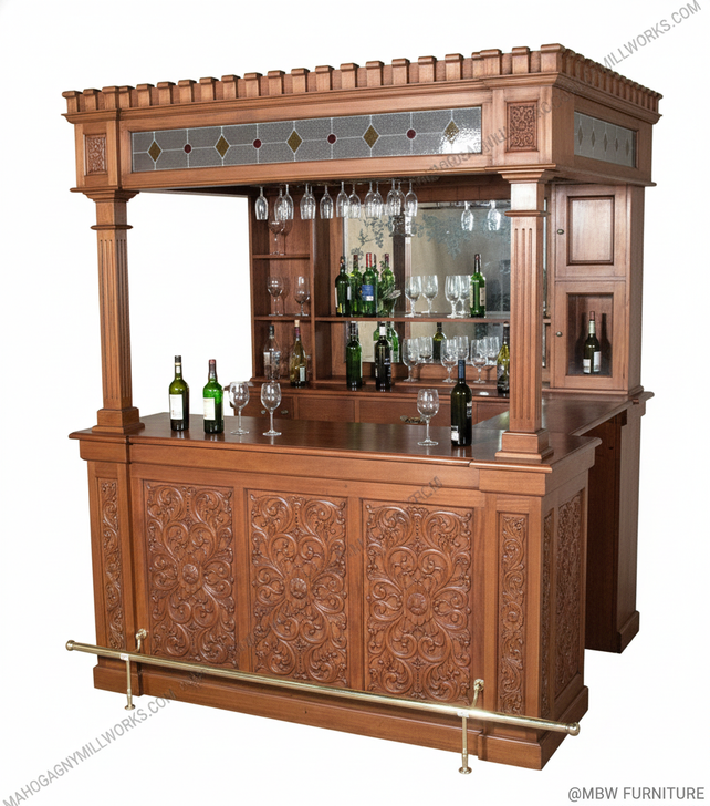 7ft Mahogany Carved Canopy Home Pub Bar w/ Rails & Mirror