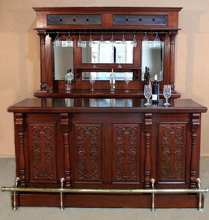 7ft Solid Mahogany Victorian Home Pub Bar w/ Mirror & Rails