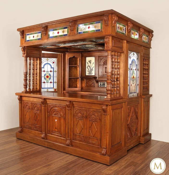 8.5ft Victorian Canopy Pub Bar w/ Stained Glass Doors