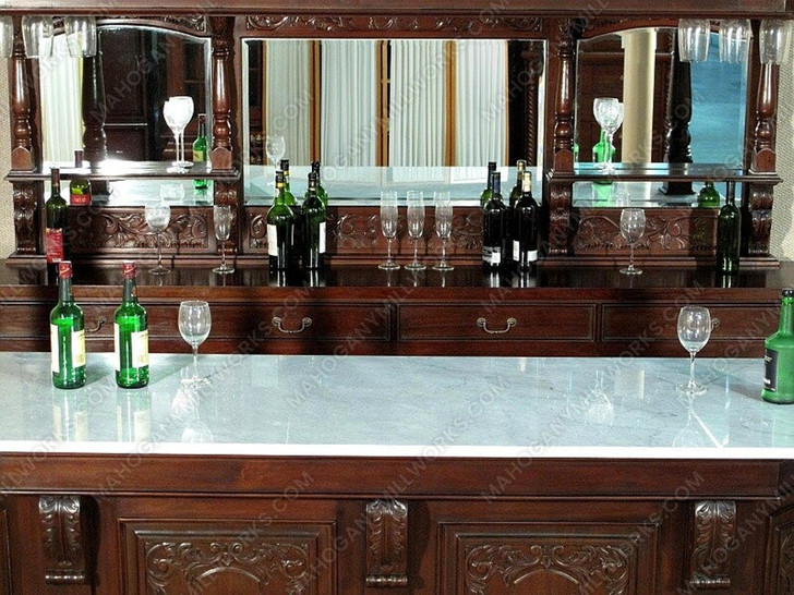 The Windsor 9ft Carved Mahogany Stained Glass Canopy Pub Bar w /Marble