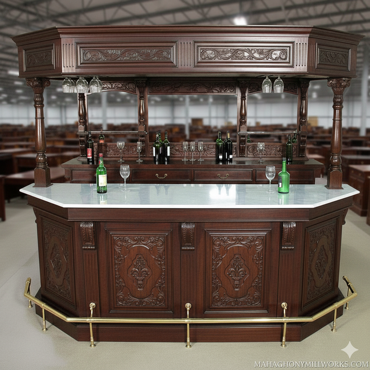 The Windsor 9ft Carved Mahogany Stained Glass Canopy Pub Bar w /Marble