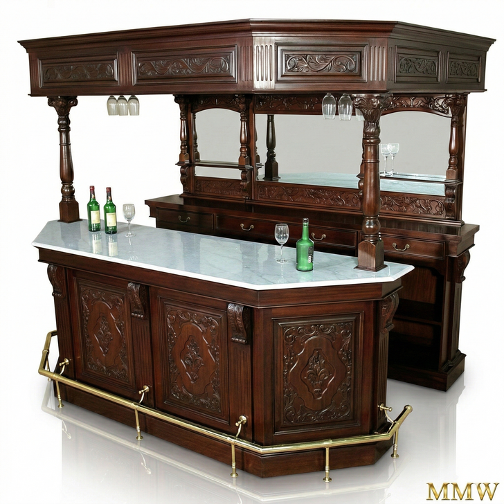 Windsor 9ft Carved Stained Glass Canopy Pub Bar w /Marble