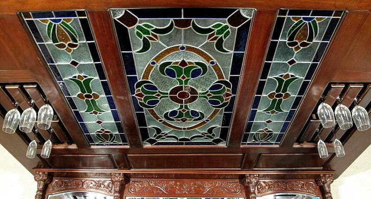 9ft Carved Mahogany Stained Glass Canopy Pub Bar w /Marble