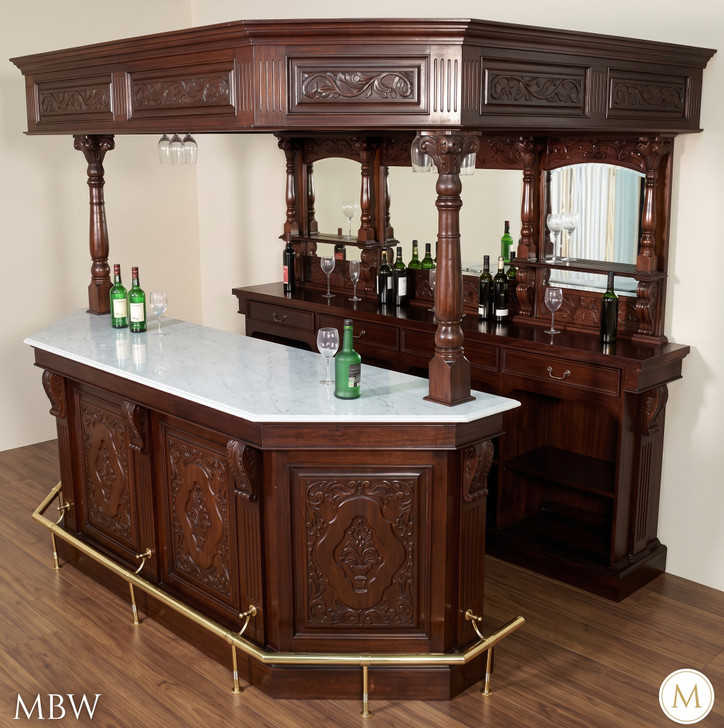 9ft Carved Mahogany Stained Glass Canopy Pub Bar w /Marble
