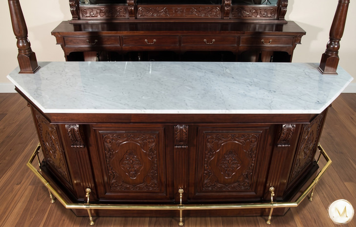 9ft Carved Mahogany Stained Glass Canopy Pub Bar w /Marble