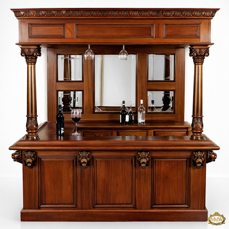 Imperial Lion: 5.5ft Hand-Carved Mahogany Canopy Pub Bar with Stained Glass