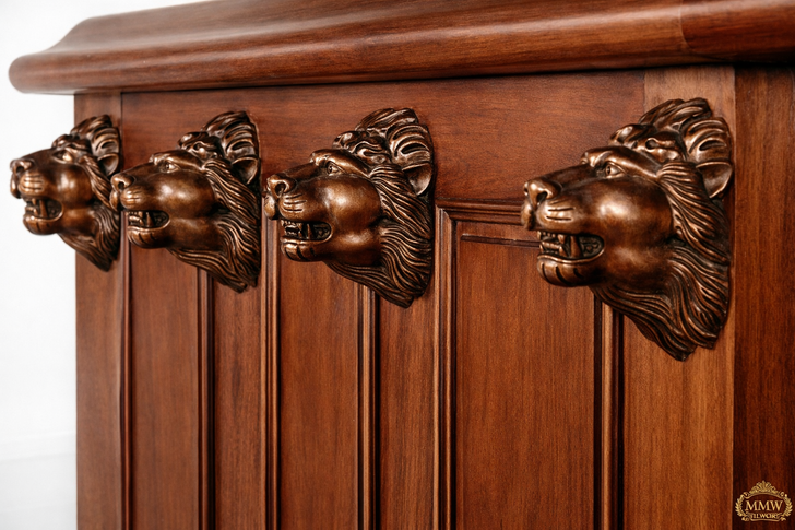 Imperial Lion: 5.5ft Hand-Carved Mahogany Canopy Pub Bar with Stained Glass