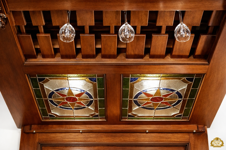 Imperial Lion: 5.5ft Hand-Carved Mahogany Canopy Pub Bar with Stained Glass