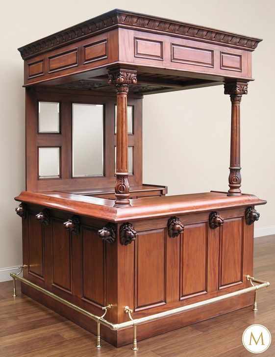 5.5ft Lion Carved Mahogany Canopy Pub Bar w/ Stained Glass