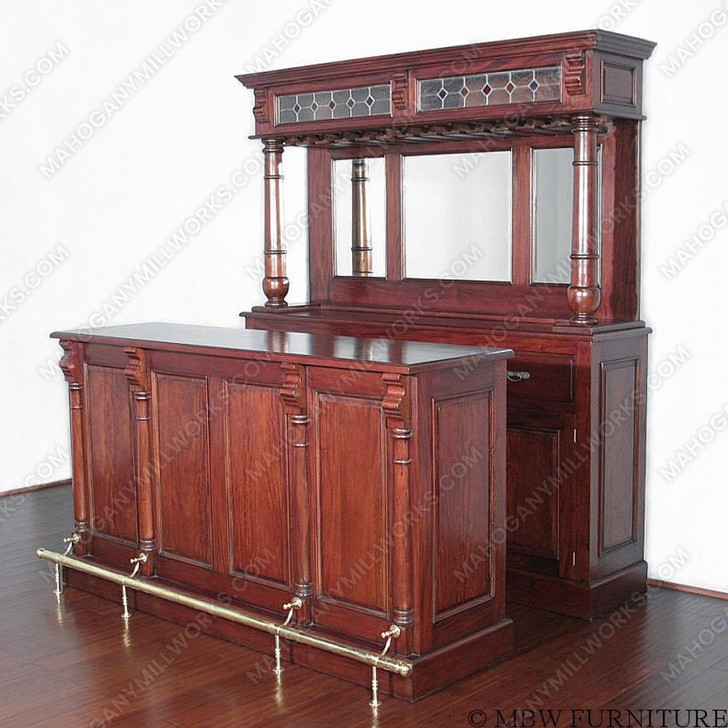8.5ft Cherry Mirror back Home Pub Bar w/ Stained Glass