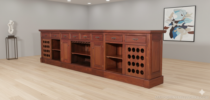 Pecan Neoclassical Home Pub Bar w/ Mirrored Back & Rails