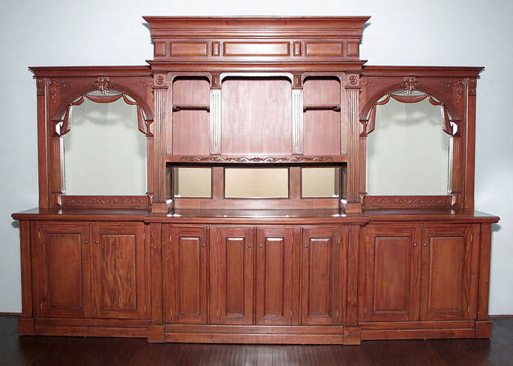 Pecan Neoclassical Home Pub Bar w/ Mirrored Back & Rails