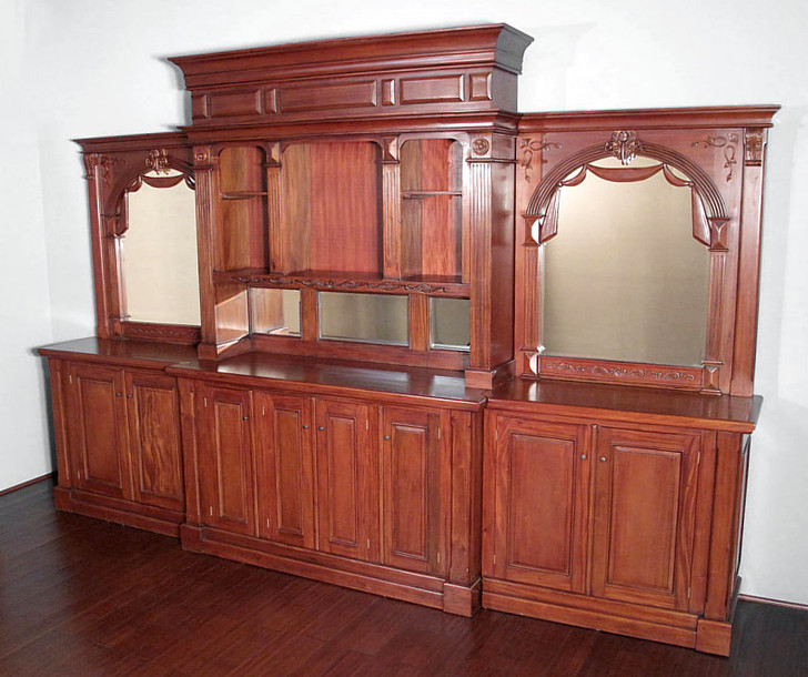Pecan Neoclassical Home Pub Bar w/ Mirrored Back & Rails