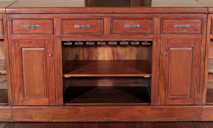 Pecan Neoclassical Home Pub Bar w/ Mirrored Back & Rails