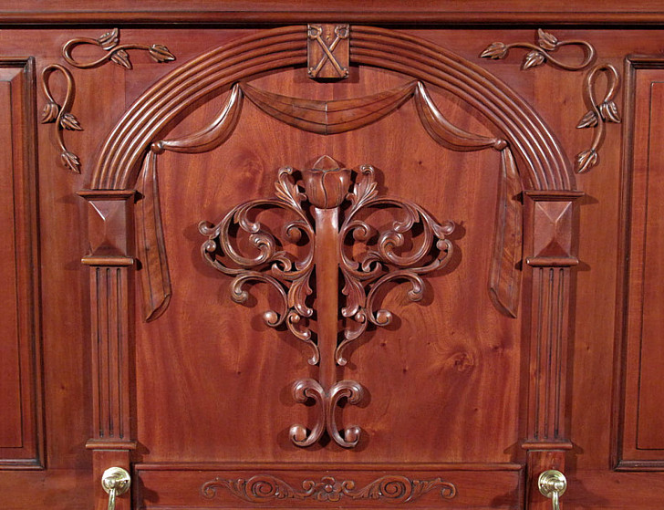 Pecan Neoclassical Home Pub Bar w/ Mirrored Back & Rails