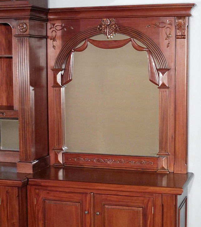 Pecan Neoclassical Home Pub Bar w/ Mirrored Back & Rails