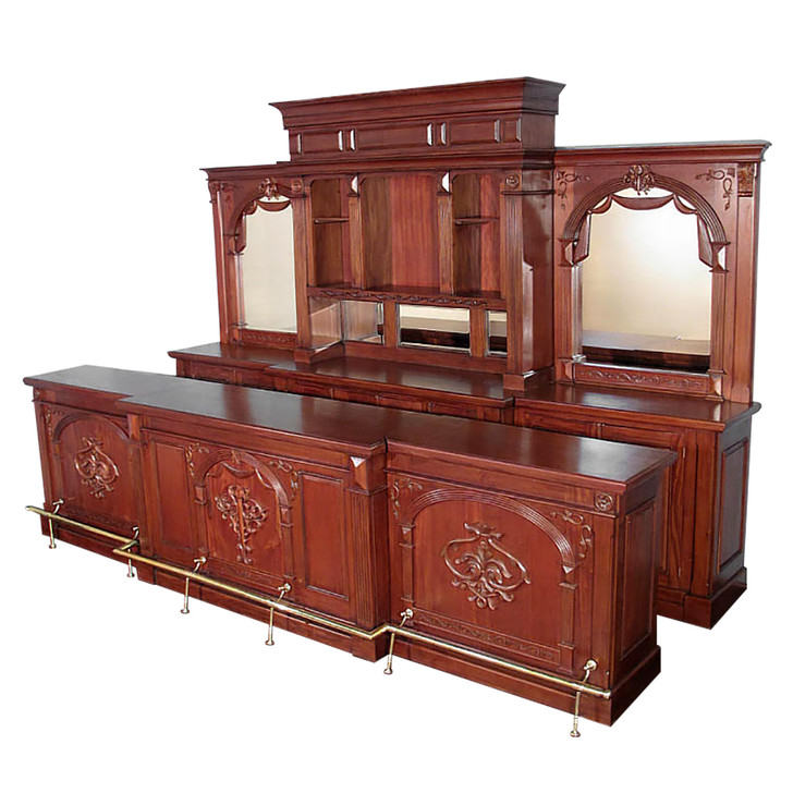 Pecan Neoclassical Home Pub Bar w/ Mirrored Back & Rails