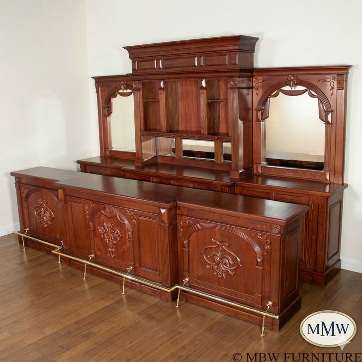 Pecan Neoclassical Home Pub Bar w/ Mirrored Back & Rails