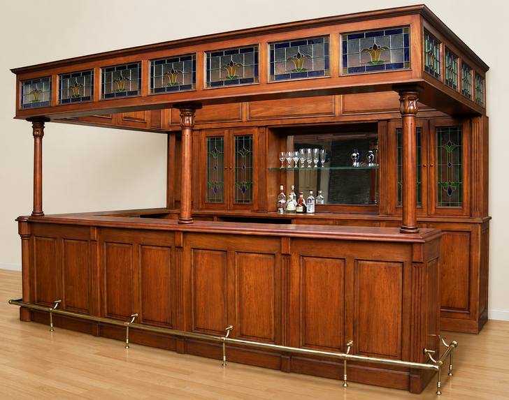14ft Distressed Mahogany Stained Glass Canopy Pub Bar