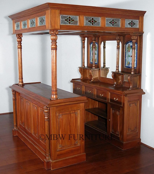 Solid Mahogany English Canopy Pub Bar with Stained Glass