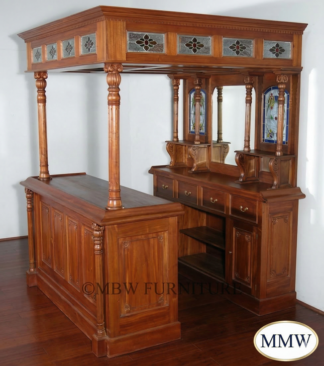 6.5ft Mahogany Canopy Pub Bar with Stained Glass