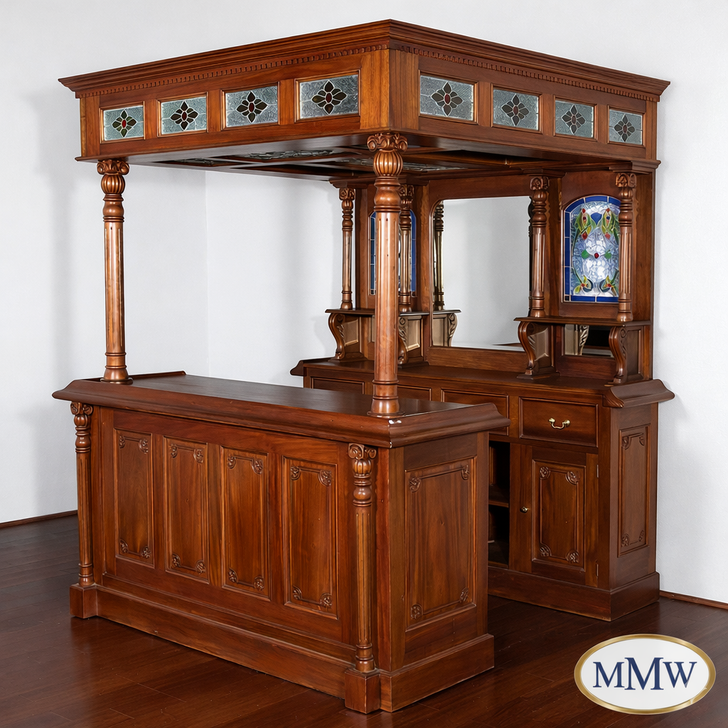 6.5ft Mahogany Canopy Pub Bar with Stained Glass