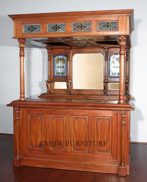6.5ft Mahogany Canopy Pub Bar with Stained Glass
