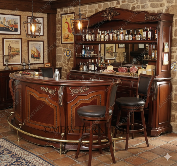 Solid Mahogany Italian Marble Top Pub Bar