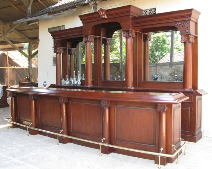 16ft Large Mahogany Traditional English Pub Bar w/ Brass Rails