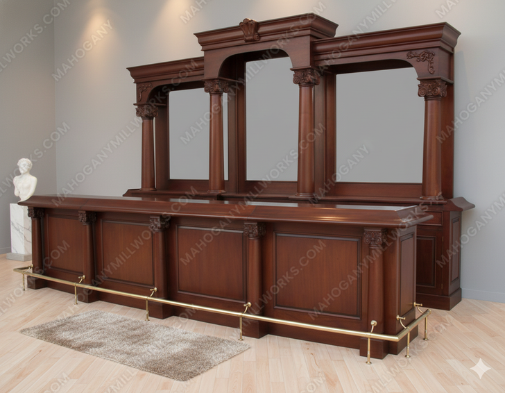 16ft Large Mahogany Traditional English Pub Bar w/ Brass Rails