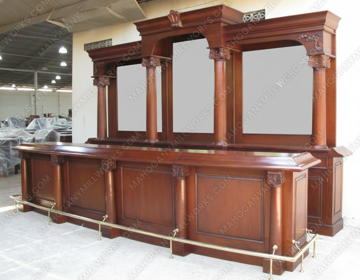 16ft Large Mahogany Traditional English Pub Bar w/ Brass Rails