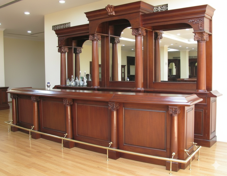 16ft Large Mahogany Traditional English Pub Bar w/ Brass Rails