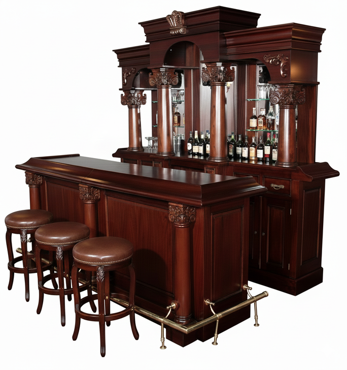 9ft Mahogany Del Monte Pub Tavern Bar w/ Mirrors & Brass Rail