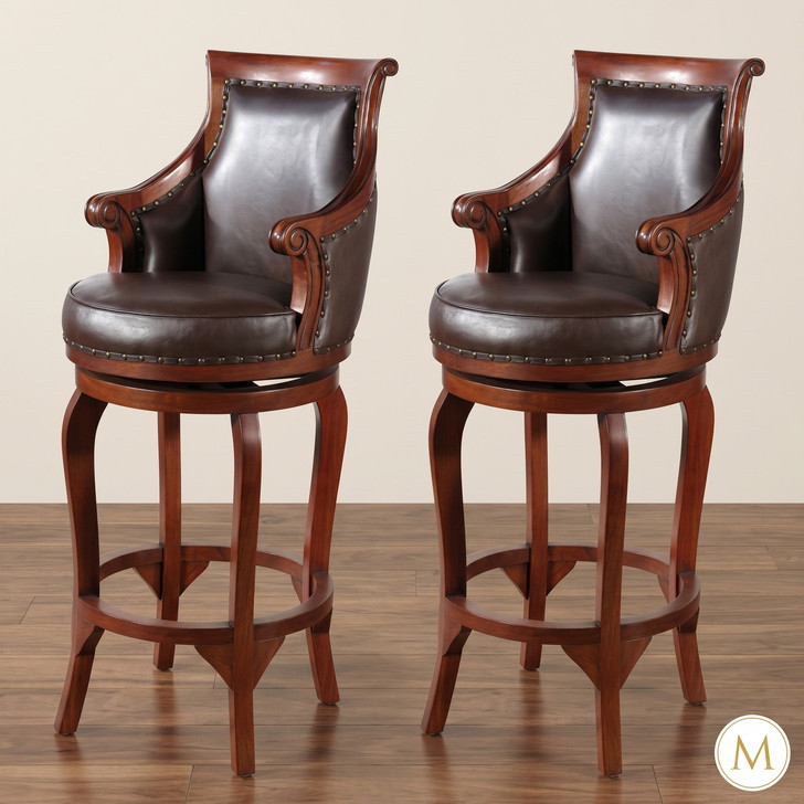 Solid Mahogany Genuine Brown Leather Swivel Bar Stools (2)