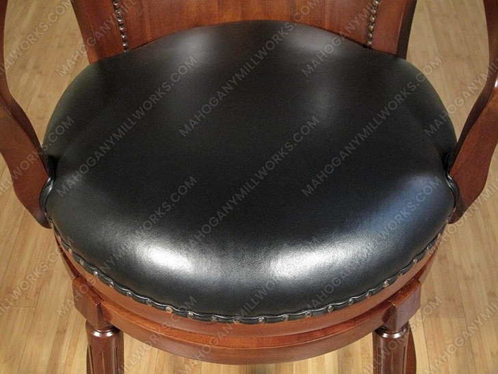 Pair 2 Mahogany Genuine Black Leather Swivel Barstools