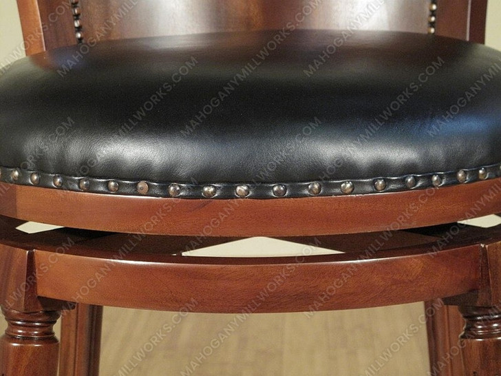 Pair 2 Mahogany Genuine Black Leather Swivel Barstools