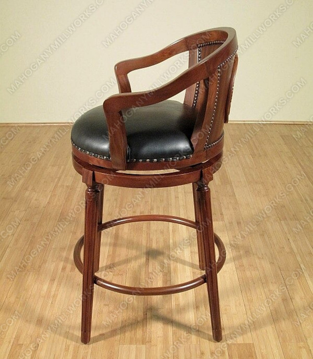 Pair 2 Mahogany Genuine Black Leather Swivel Barstools