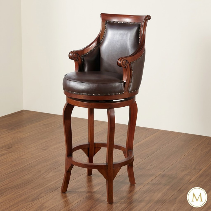 Solid Mahogany Genuine Brown Leather Swivel Bar Stool