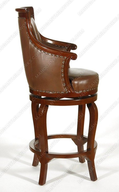 Pair 2 Solid Mahogany Genuine Brown Leather Swivel Barstools
