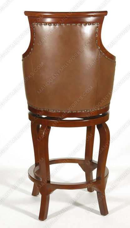 Pair 2 Solid Mahogany Genuine Brown Leather Swivel Barstools