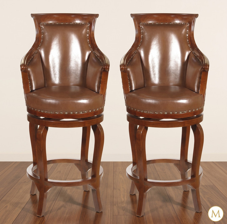 Mahogany Genuine Brown Leather Swivel Barstools Pair (2)